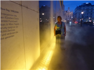 Joan emerging from the mist, in Olafur Eliasson's 'Yellow Fog', which appears daily at dusk rather eerily through a pavement grating. Contemporary art as FUN!